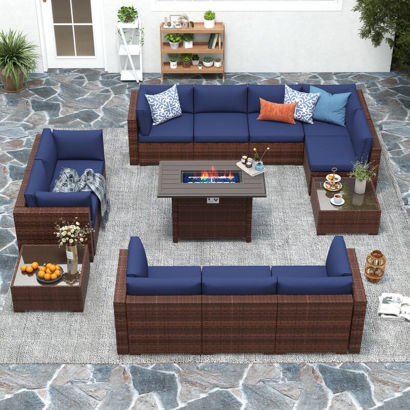 13 Piece Wicker Set Patio Sofa Furniture with Fire Pit And Table - Brown/Navy Blue