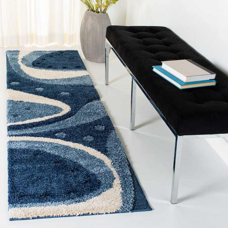 SAFAVIEH Florida Shag Wakaba Abstract 1.2-inch Thick Rug - 2'3" x 8' Runner - Dark Blue/Ivory