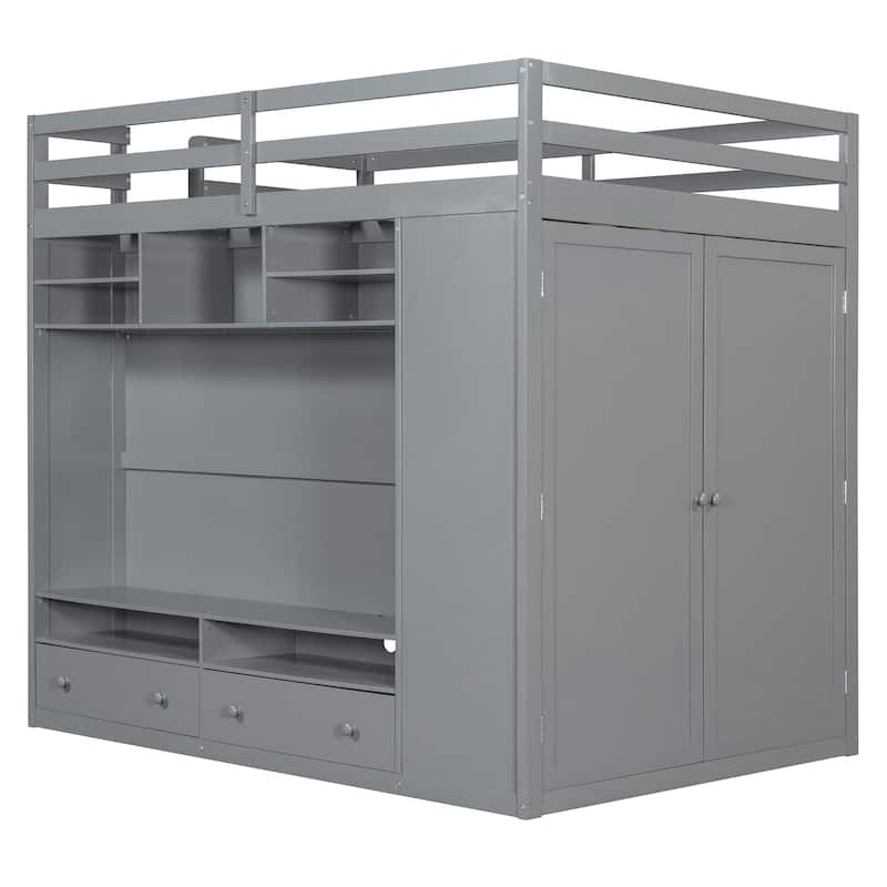 Full Size Loft Bed with Drawers, Shelves, and LED Light - Gray