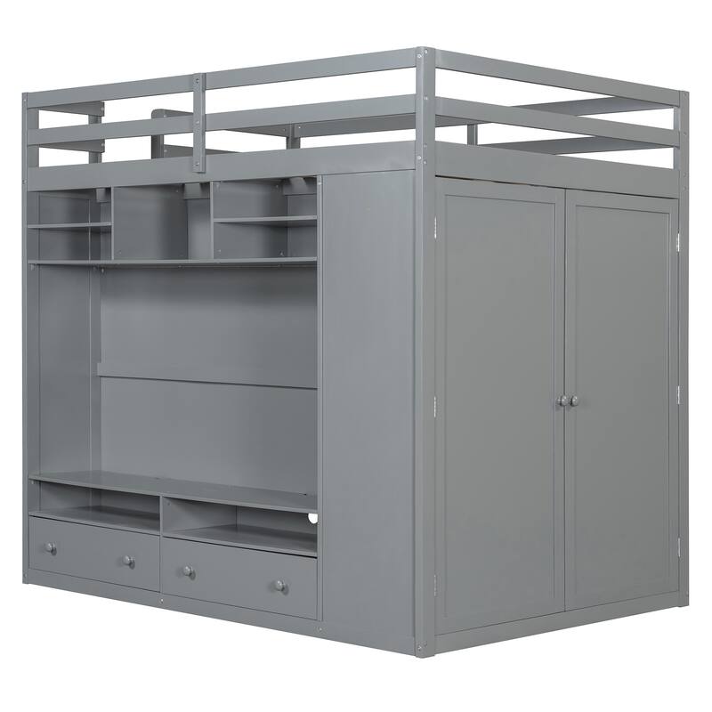 Full Size Loft Bed with TV Stand and Drawers, Teens Kids Storage Bed Frame with Shelves, Wardrobe and LED Light