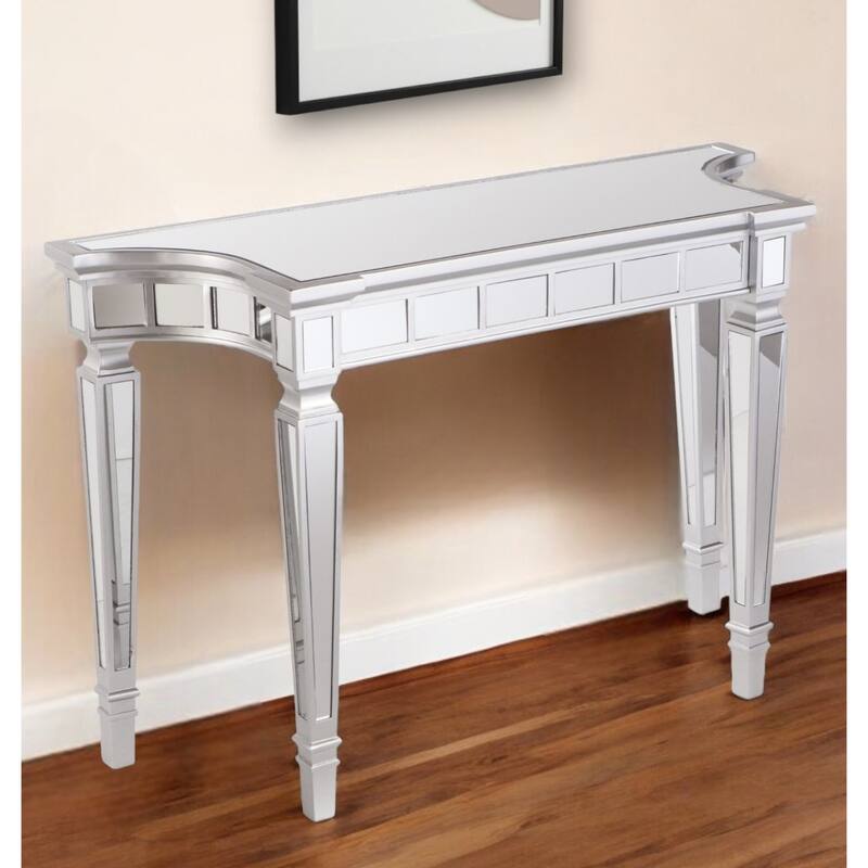 Silver Glass Free Form Console Table with Wood Base and Mirrored Top - 45” L x 16” W x 30” H