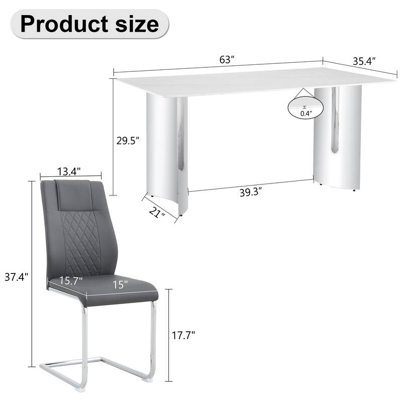 Kitchen Rectangle Dining Table Set for 4, 63" Faux Marble Glass Table with Stainless Steel Legs and PU Upholstered Chairs