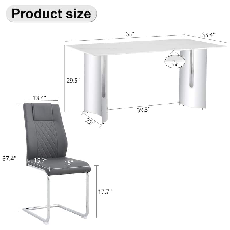 Modern 7-Piece Dining Table and Chair Set, 63" Faux Marble Glass Table with Stainless Steel Legs and PU Dining Chair