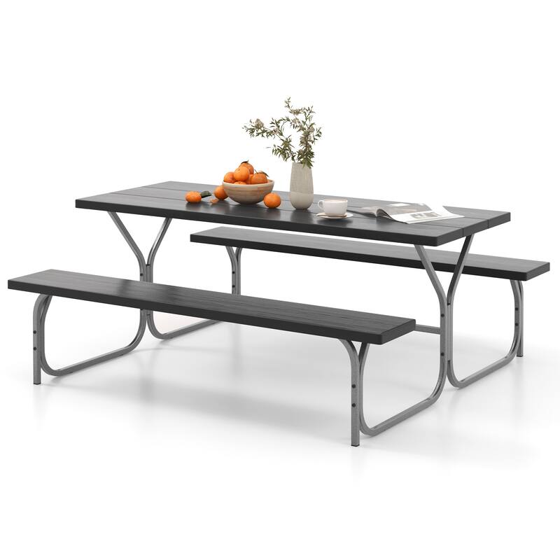72 Inch 8-Person Outdoor Picnic Table and Bench Set with HDPE Wood-Texture Top and with Built-in Umbrella Hole