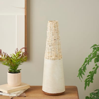 Light Brown Rattan Handmade Woven Geometric Decorative Vase with Beige Metal Base and Abstract Linear Markings