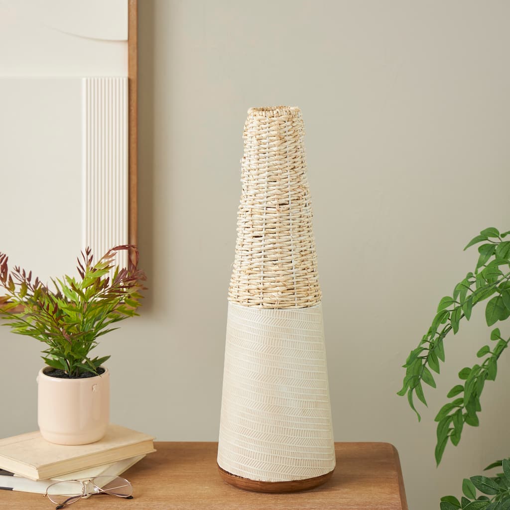 Light Brown Rattan Handmade Woven Geometric Decorative Vase with Beige Metal Base and Abstract Linear Markings