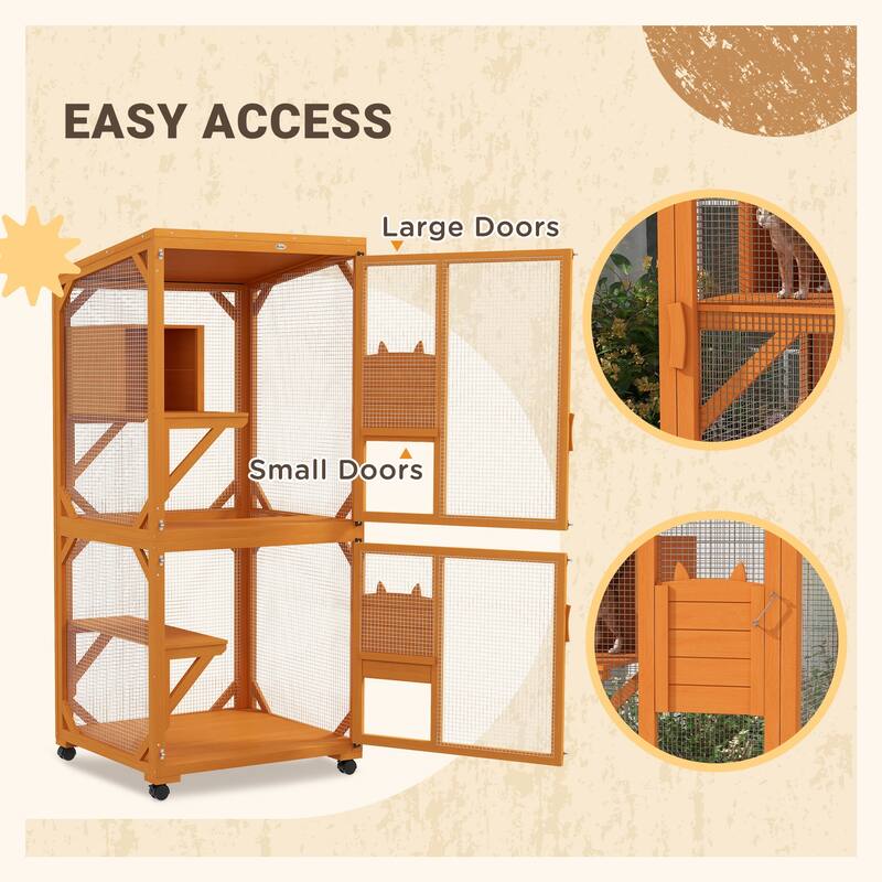 PawHut Large Cat House with High-Up Resting Box, 71" Wooden Catio with Asphalt Roof, Indoor & Outdoor Cat Enclosure on Wheels
