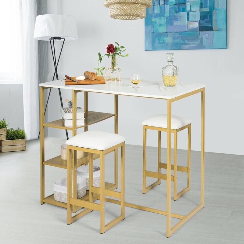 Gymax 3 Piece Pub Set w/ Faux Marble Top Bar Table and 2 Stools Dining