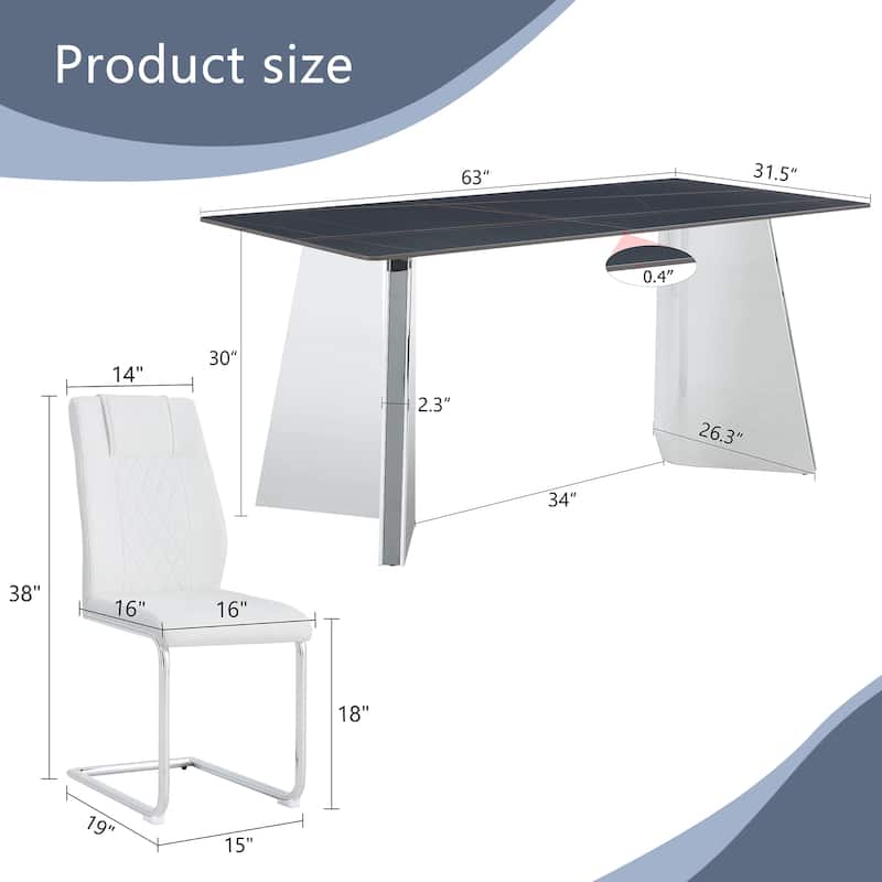 Roomfitters 5/7pcs Marble Pattern Dining Table Set with Stainless Butterfly Legs and PU Upholstered Chairs, White
