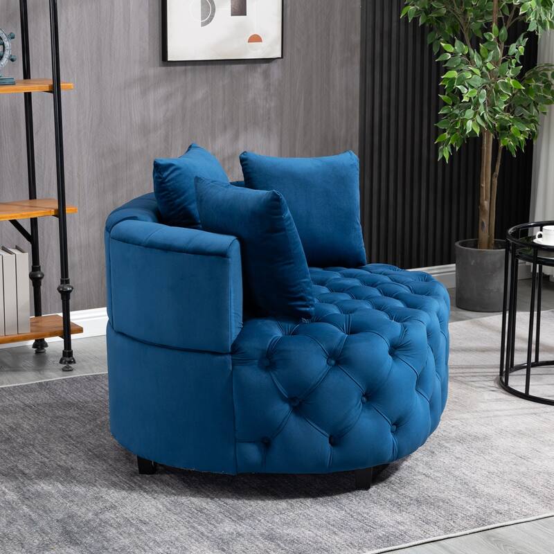 Blue Modern 24" Velvet Upholstered Buttons Tufted Barrel Chair with Pillows