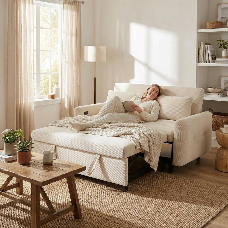 HOMYLIN 57.48" Beige 2 Seat Sleeper Sofa with USB, Pull-Out Sofa Bed