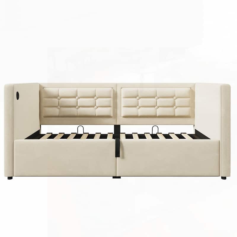 Hydraulic Storage Twin Bed Frame with Wooden Slats and Tufted Sofa Back