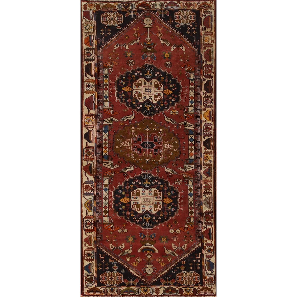 Pictorial Shiraz Kashkoli Runner Rug Persian Vintage Wool Carpet - 3'10"x 9'10"