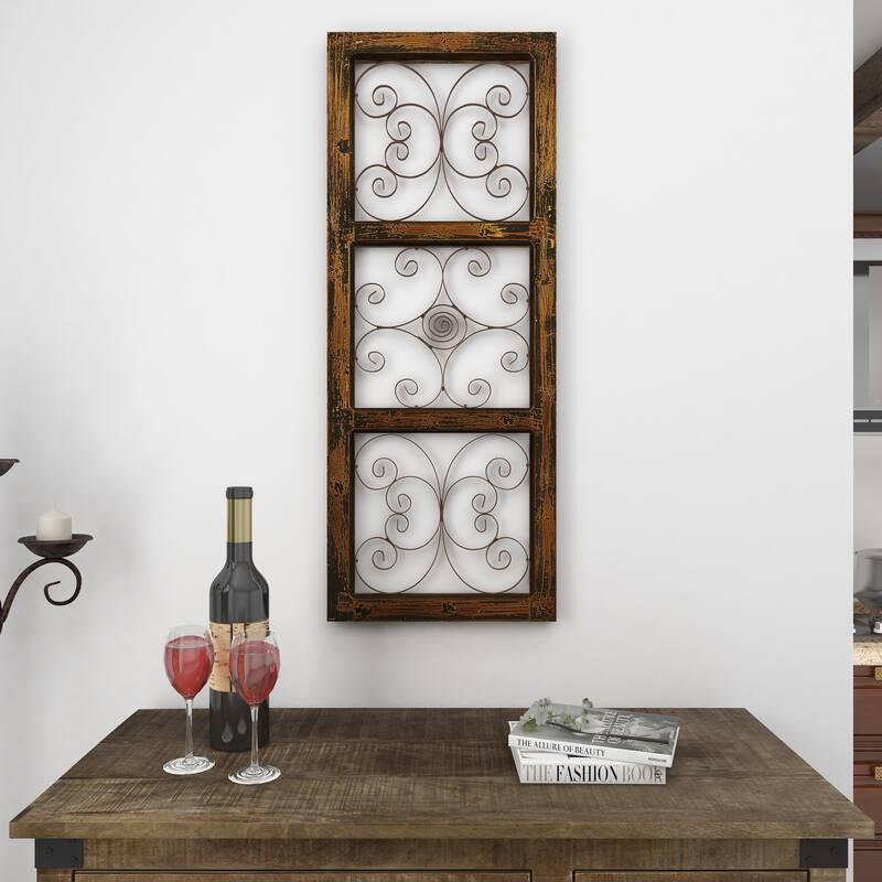 Brown Wood Distressed Panel Scroll Home Wall Decor with Bronze Metal Scrollwork