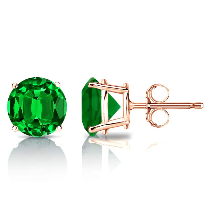 Auriya 14k Gold Lab Grown Gemstone Green Emerald Stud Earrings Round 0.25 to 5.00 ct. tw. 4-Prong Basket Push-Back - 3.00ct tgw. - Rose