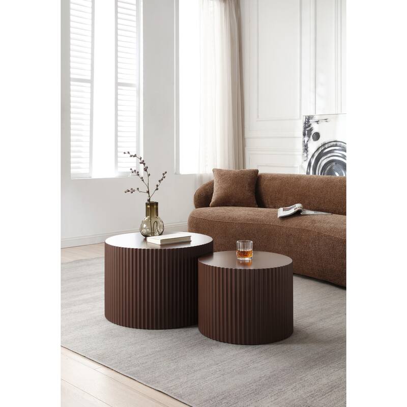 2-Piece, Modern Coffee Table Set Nesting Coffee Table Round Coffee Table with Waterproof, for Living Room, Brown