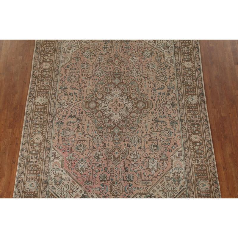 Pink Geometric Tabriz Persian Vintage Area Rug Handmade Wool Carpet - 6'8"x 9'6"