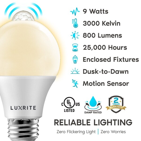 Luxrite A19 LED Dusk to Dawn Motion Sensor Light Bulb 60W Equivalent 800 Lumens UL Listed E26 Base 4 Pack On Sale Bed Bath Beyond 33091568