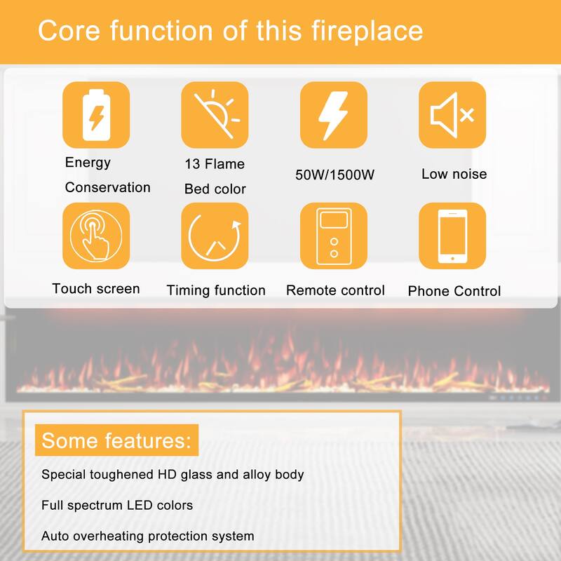 Clihome 42-88" Recessed Wall-Mounted Smart Control Electric Fireplace
