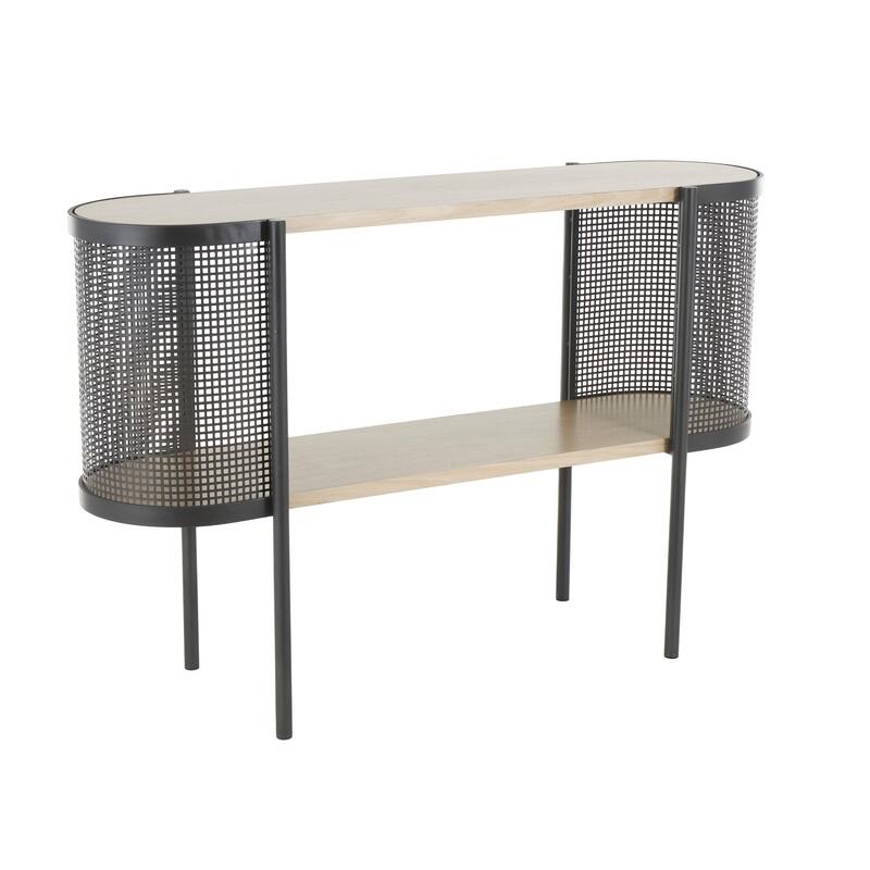 Light Brown Wooden Oval Two-Toned 1 Shelf Living Room Console Table with Mesh Side Panels and Brown Wood Tabletop