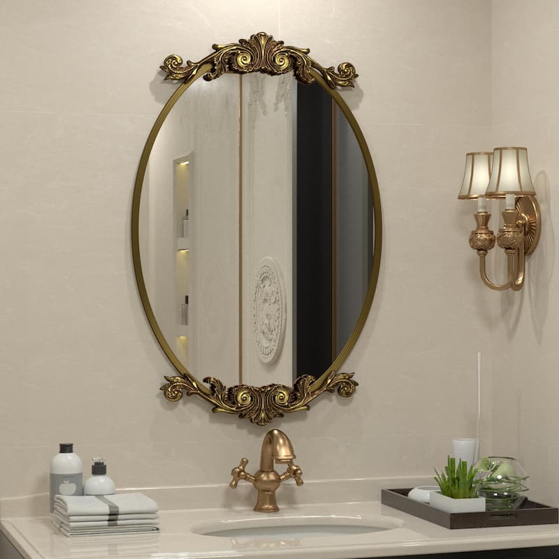 Oval Vintage Ornate Baroque Wall Mirror - 32" x 20" - Antique Gold
