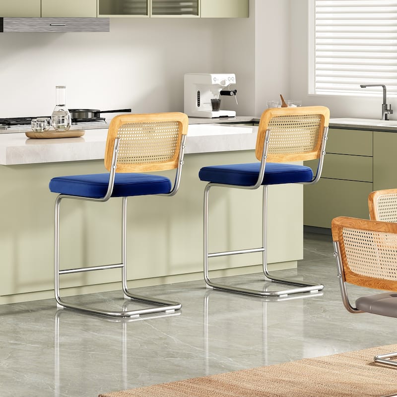 Counter Height Bar Stools Set of 2, Upholstered Velvet Barstools with Rattan Back, 24 inch Stools Armless Bar Chairs