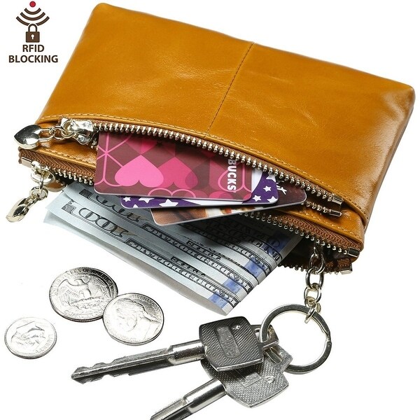 Shop Rfid Blocking Triple Zipper Leather Mini Coin Purse Card Holder With Key Chain - Free ...