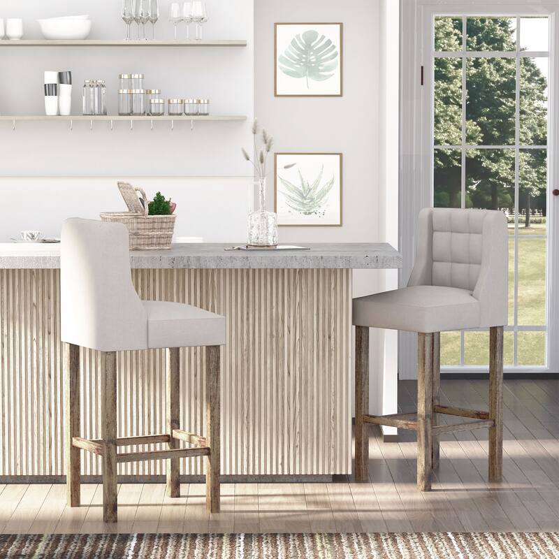 Counter Height Bar Stools Set of 2, Upholstered Kitchen Island Stools with Wooden Legs, Dining Chairs with Tufted Back