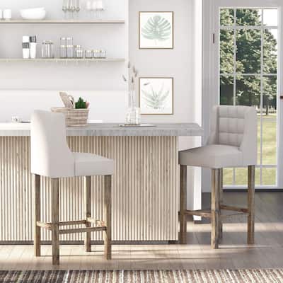 Set of 2 Beige Linen Bar Stools with Tufted Wingback and Footrest Rubberwood Legs - 18.5"W x 19.75"D x 43.75"H