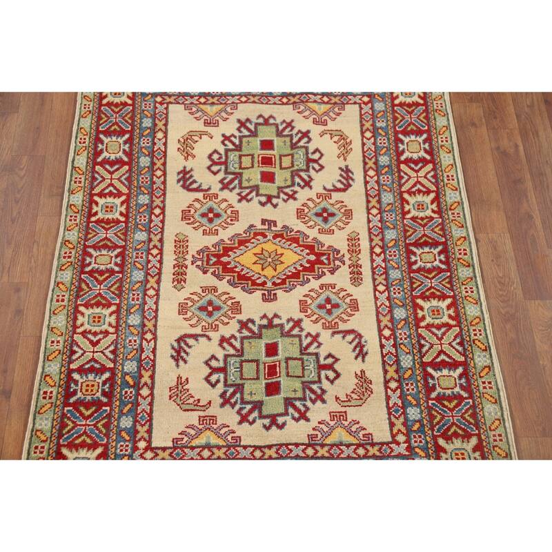 Traditional Kazak Oriental Accent Rug Hand-Knotted Wool Carpet - 3'5" x 4'10"