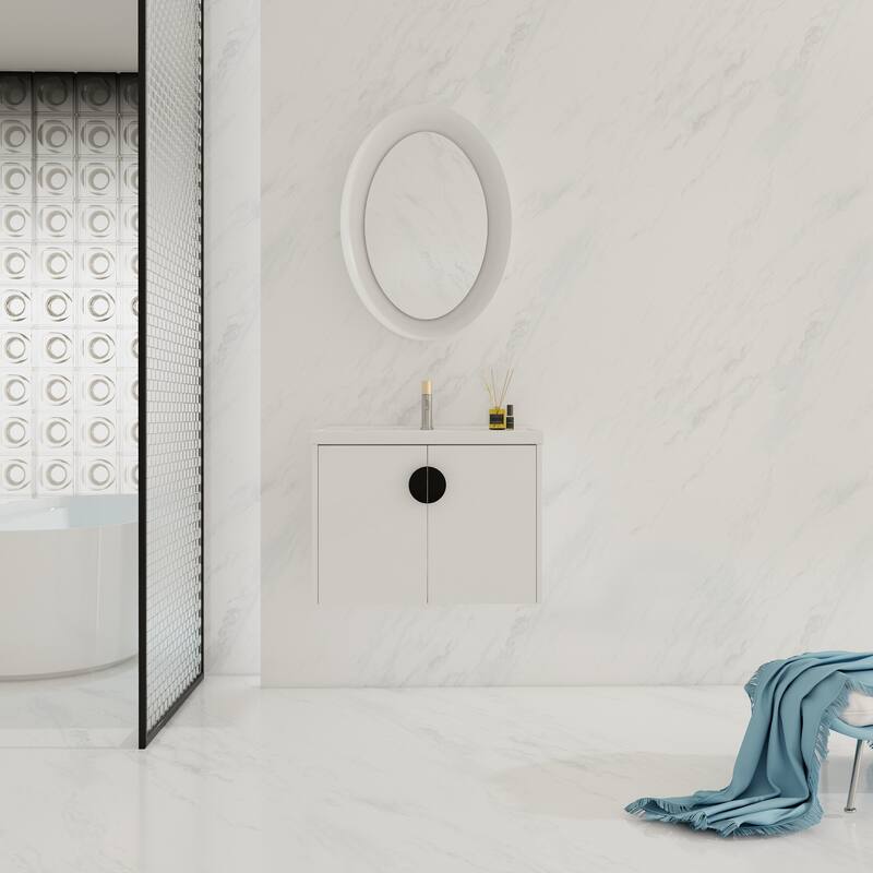 Wall-Mounted Bathroom Vanity with Ceramic Basin, Soft-Close Doors, and Customizable Metal Handles