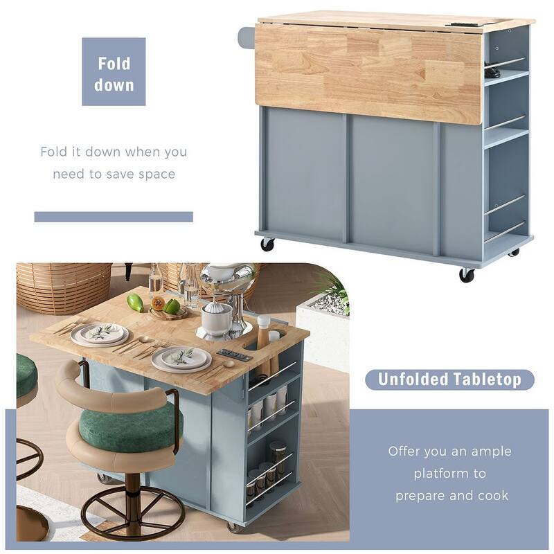 47" Modern Kitchen Cart with Electrical Outlet, Rubberwood Kitchen Island with Drop Leaf and Adjustable Storage Cabinet