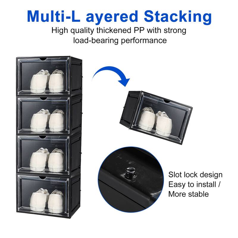 Shoe Box with Clear Door Storage and Display Shoe Containers Black, 6 Packs - Black
