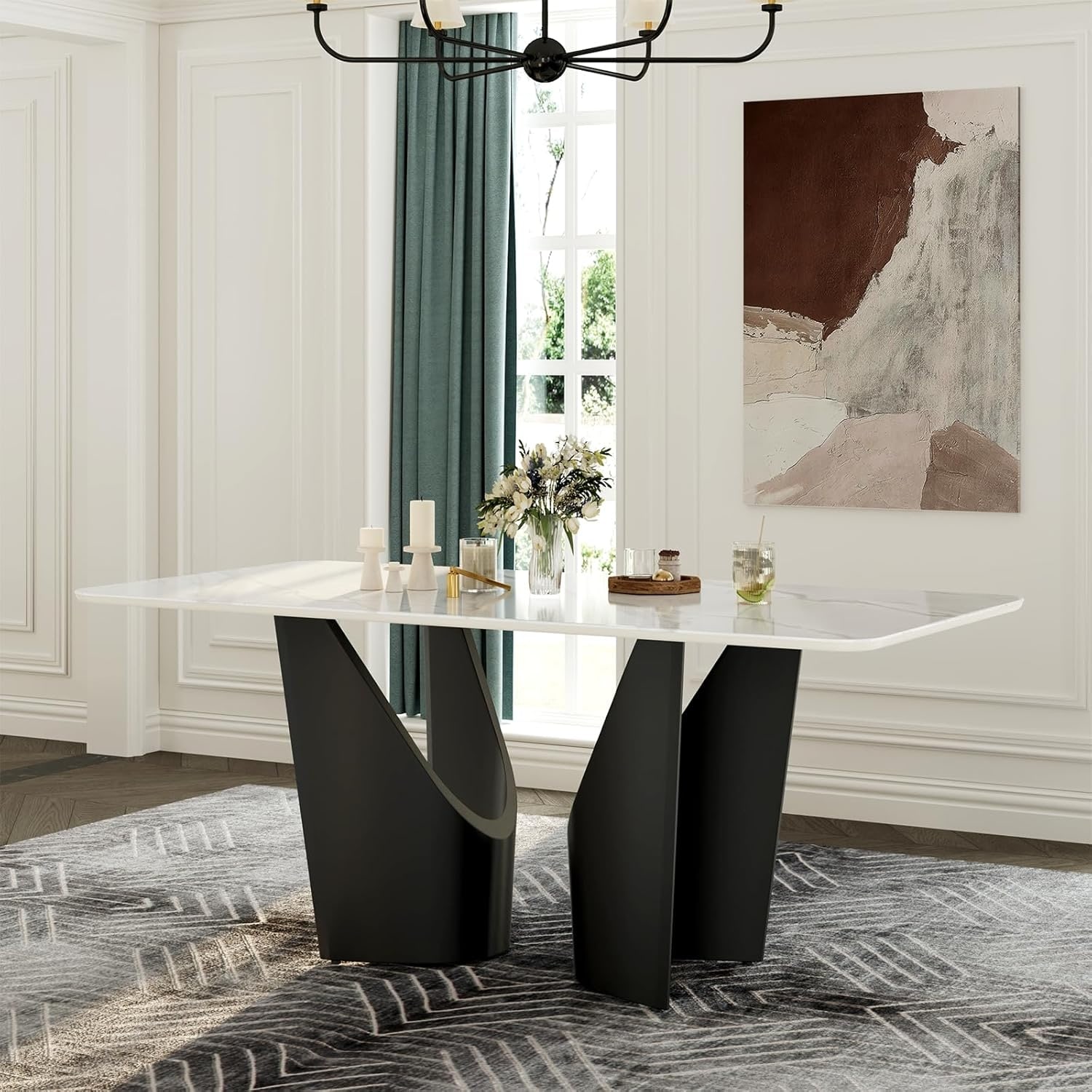 71 inch White Sintered Stone Dining Table with Black Base