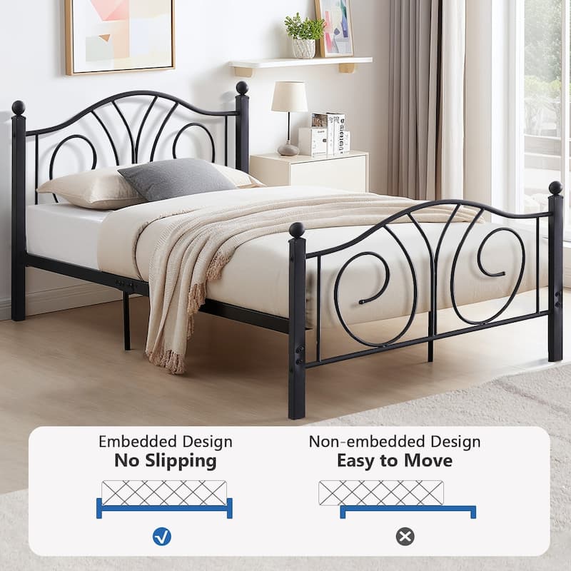 VECELO Platform Bed Frame with Scroll Headboard, Twin/Full/Queen Size Beds