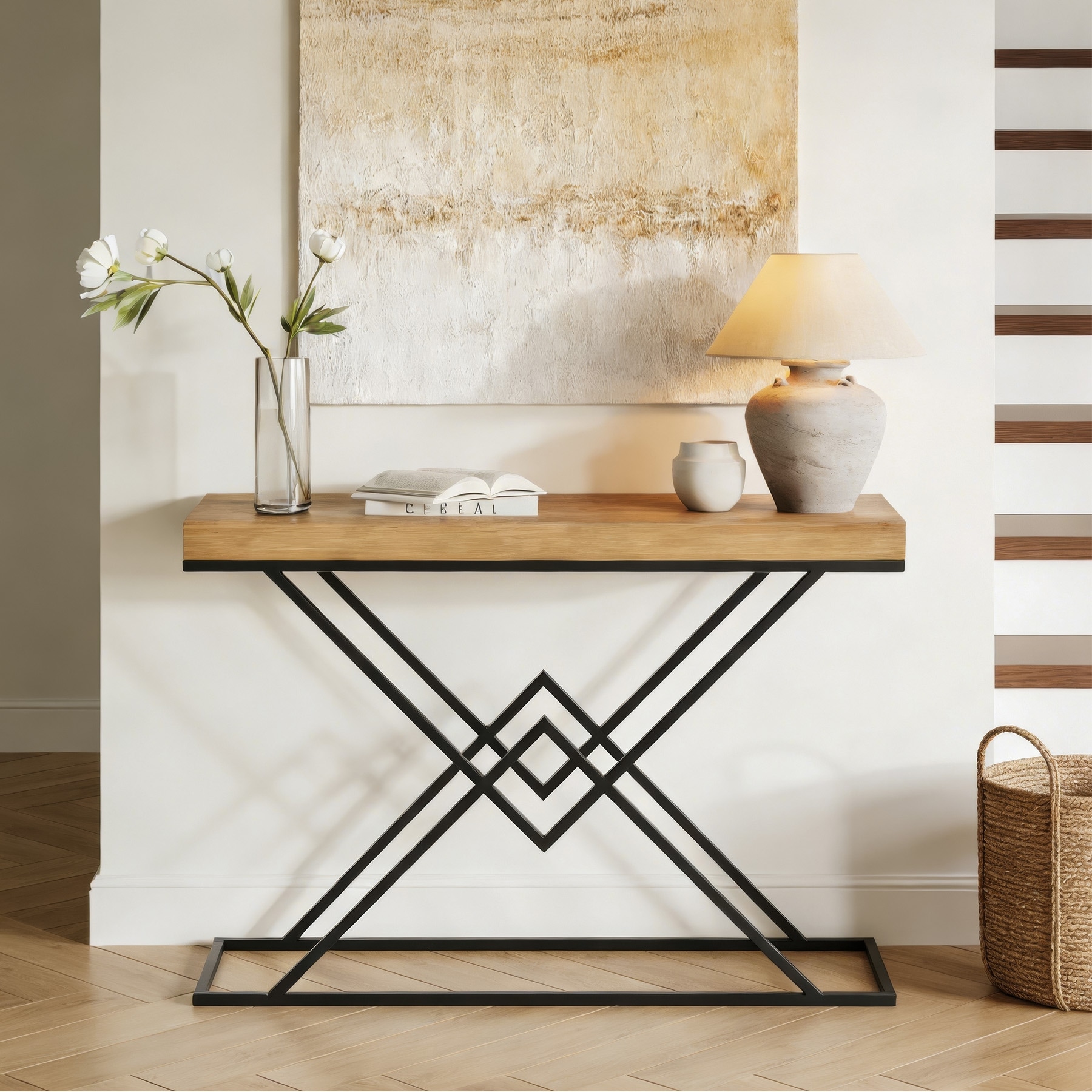 Solid Wood Console Table, 43.2" Modern Industrial Entryway Table