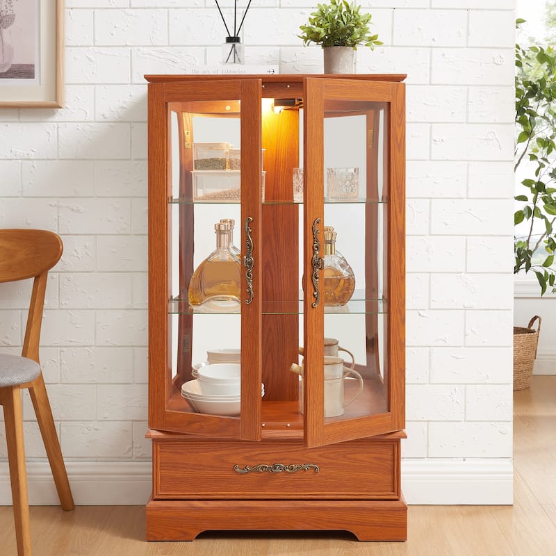 Lighted Glass Curio Cabinet with Adjustable Shelves - Elegant 2-Door Display Cabinet & Built-in Drawer, Includes Bulb