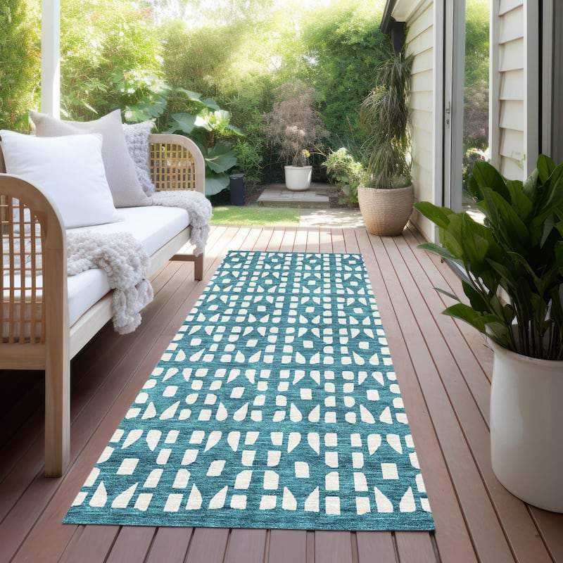 Machine Washable Indoor/ Outdoor Contemporary Imprints Chantille Rug - Teal - 2'3" x 7'6"