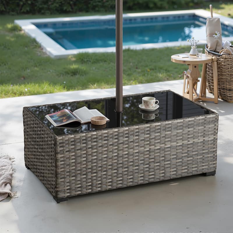 XIZZI Outdoor Wicker Coffee Table with Umbrella Hole for Garden Deck or Poolside - GRS - 27.56" x 47.24" x 18.11"