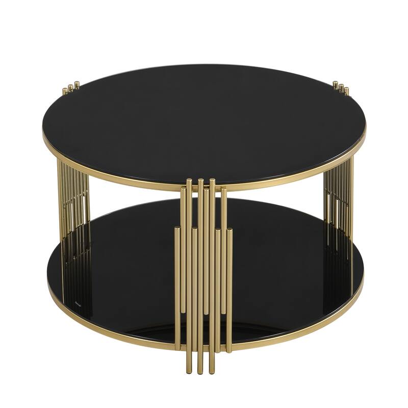 31.5" Modern Mirror Coffee Table with Storage Shelf and Circular Metal Drum Base