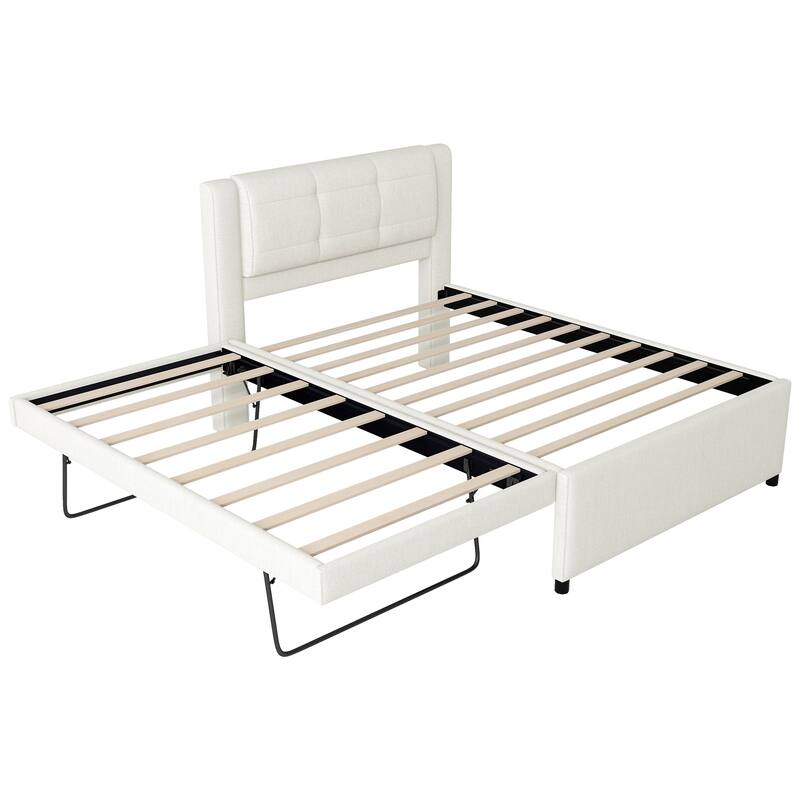 Full Size Upholstered Platform Bed with Adjustable Trundle, Beige