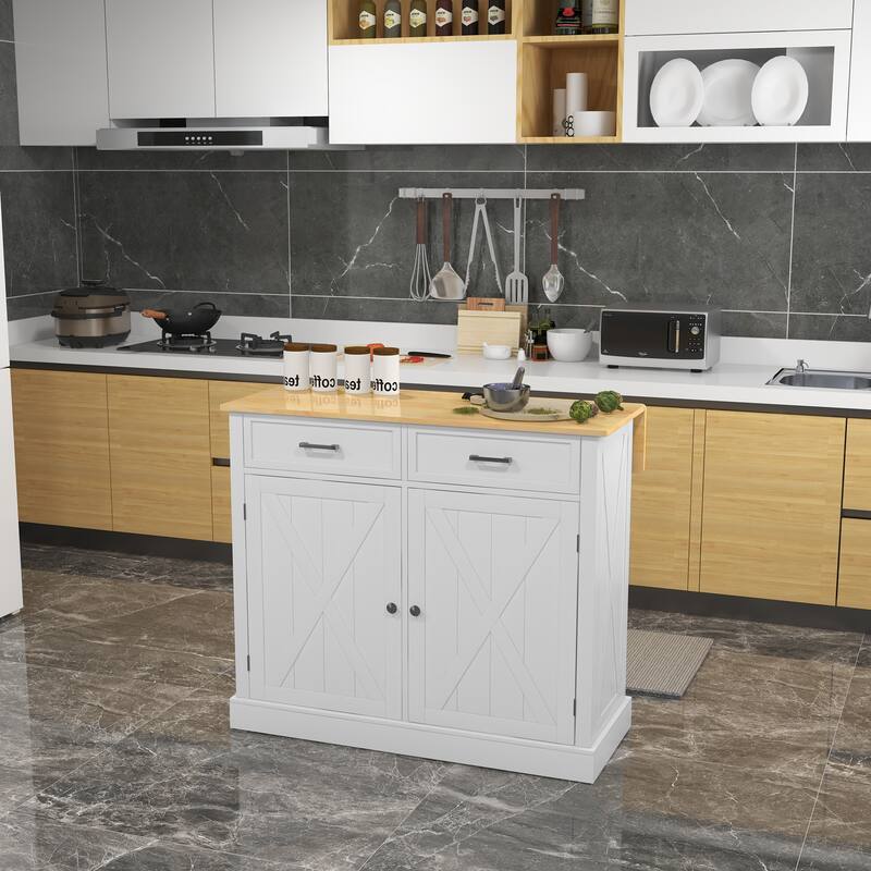 Rolling Kitchen Island with Drop Leaf Wood Breakfast Bar, Farmhouse Kitchen cart with 2 Drawers, Adjustable Shelves