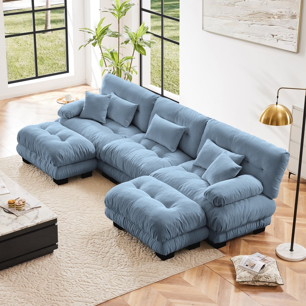 Chenille Upholstered Sectional Sofa Set with 2 Movable Ottoman, U-Shaped Modular Couch with Throw Pillows for Living Room