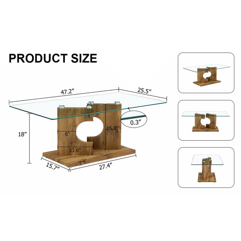 A rectangular modern and fashionable coffee table with tempered glass tabletop and black MDF legs