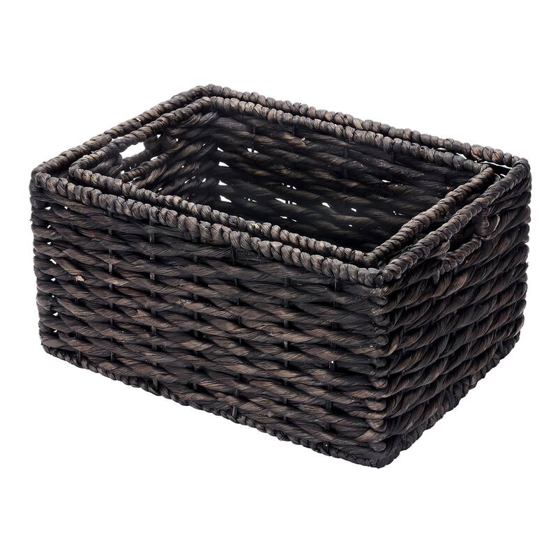 Set of 2 Rectangle Handmade Twisted Wicker Baskets with Handles by Villacera (Black)