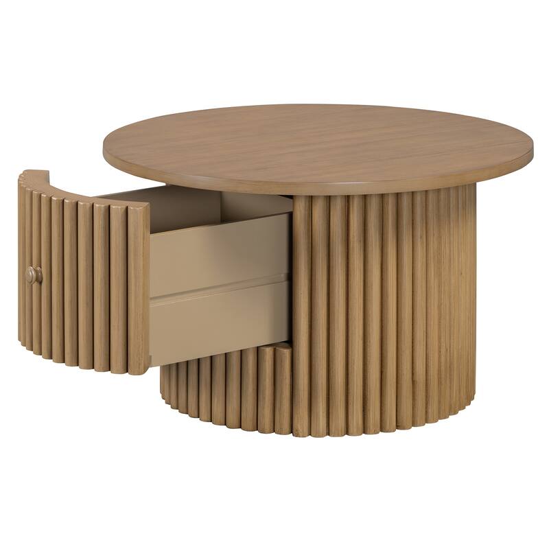 Round Coffee Table for Living Room in Natural, Farmhouse Coffee Table with a Drawer, Center Table with Vertical Slat Ba