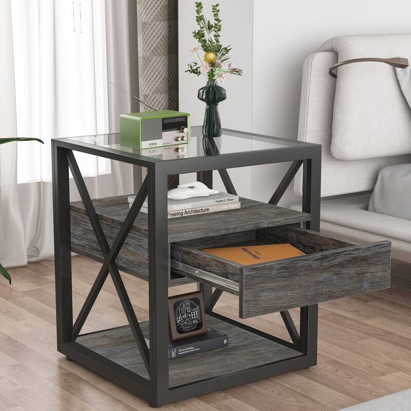 1 Piece Modern End Table With Drawer - Nightstand,Rustic Wood Grain Mdf&Tempered Glass Top, Industrial Style Side Table