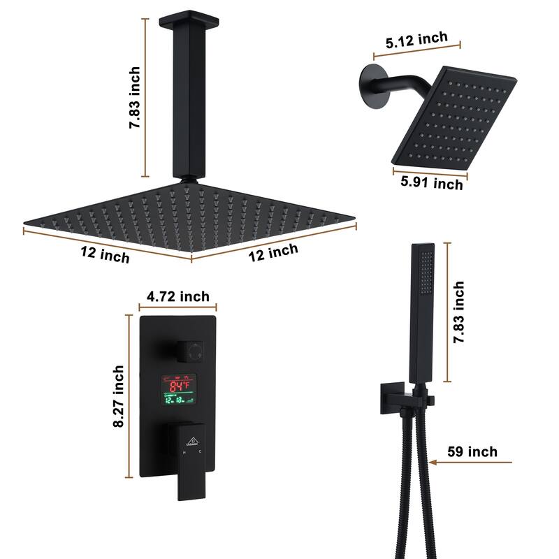 CASAINC Dual Heads 12 Inch Ceiling Mounted Square Shower Head Shower System with Handheld Shower Digital Display Shower
