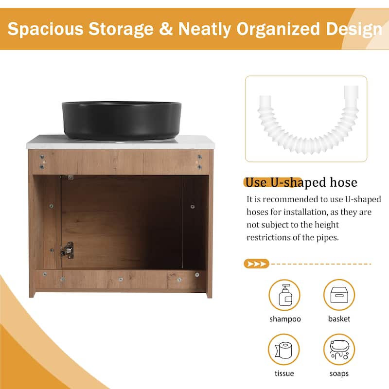 Malwee 24"/30" Floating Bathroom Vanity, Wall Mounted Bathroom Vanity with Ceramic Sink and Soft Close Door