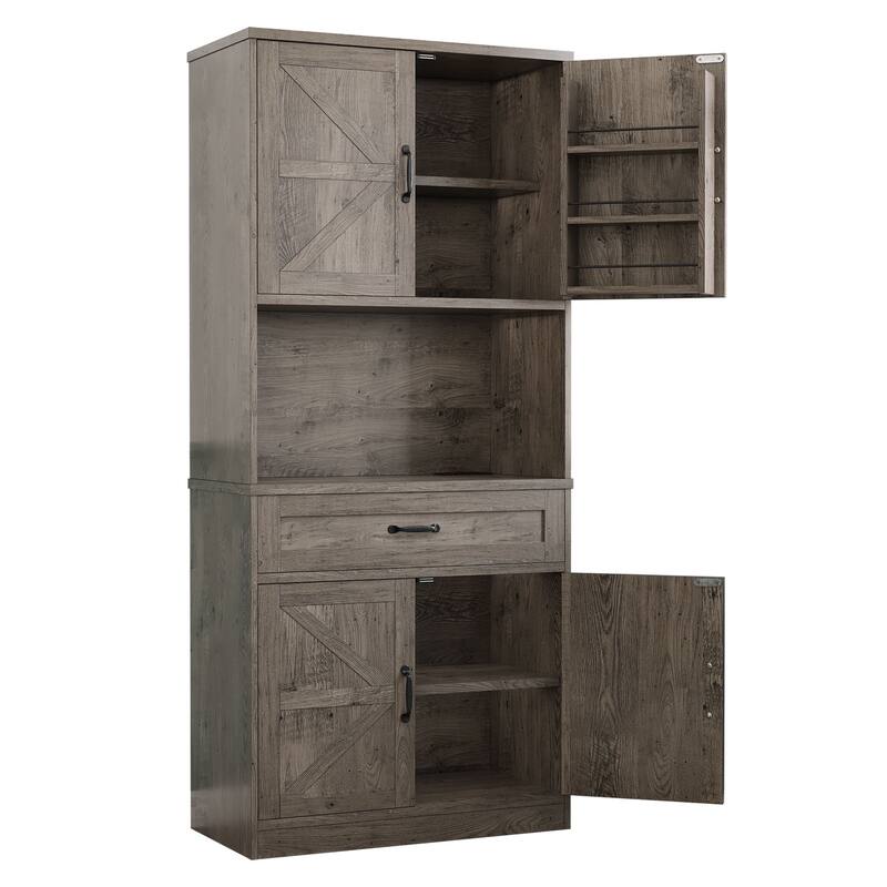 Gymojoy 70" Farmhouse Kitchen Pantry Cabinet With Operation Table & Power Outlet, Freestanding Cupboard